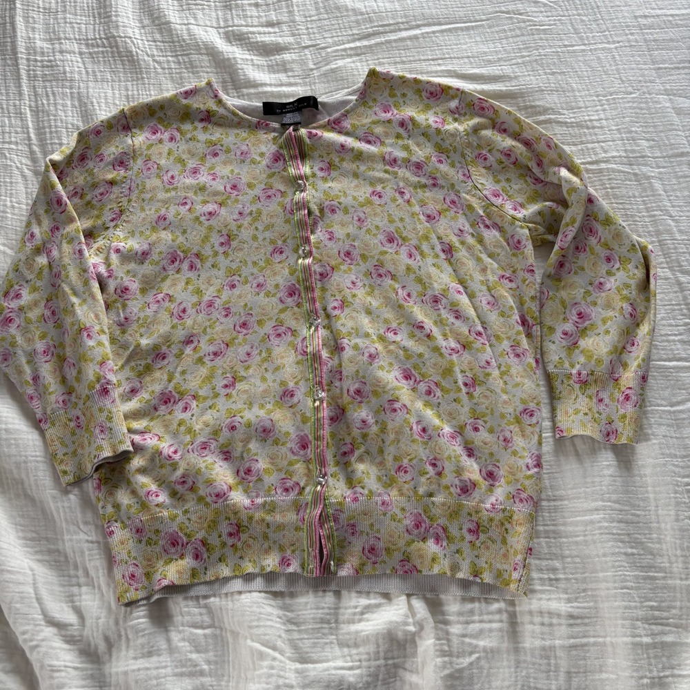 August Silk Cardigan Floral Rose Print Silk Blend Pink Yellow Button Front M